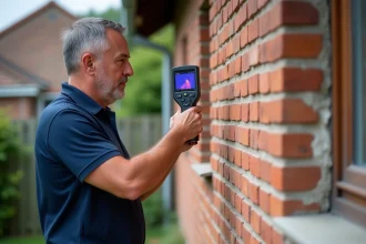 Auditeur énergétique inspectant la façade d'une maison avec un appareil thermique pour un diagnostic énergétique