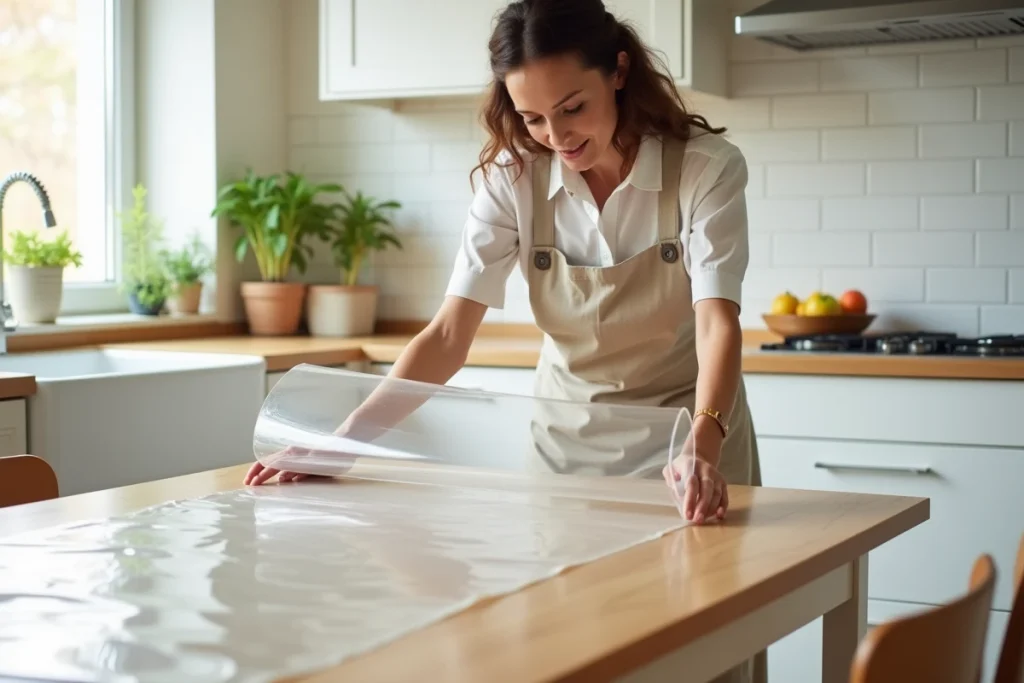 Femme posant une toile cirée épaisse transparente sur une longue table à manger dans une cuisine moderne, détail de la texture vinyle brillante et transparente