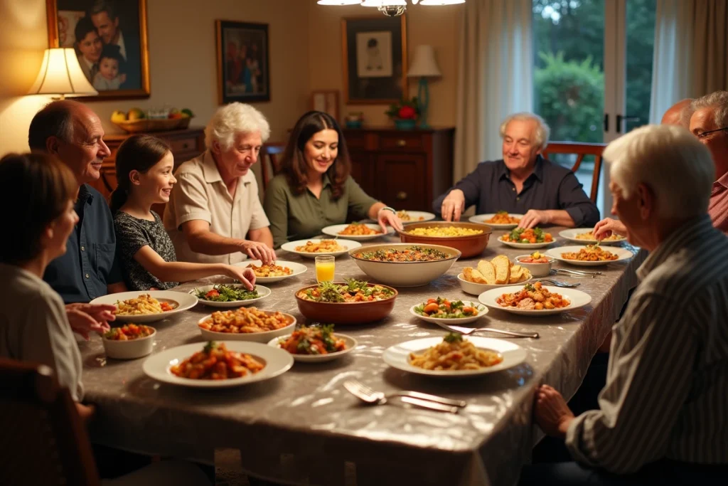 Repas de famille animé autour d'une grande table protégée par une toile cirée épaisse transparente, plusieurs générations réunies avec des plats partagés sur la toile vinyle