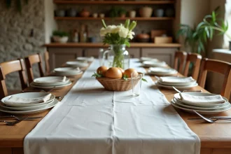 Grande table familiale couverte d'une toile cirée épaisse transparente laissant apparaître le bois en dessous, dressée pour huit personnes dans une cuisine rustique en pierre