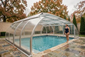 Abri de piscine télescopique bas en aluminium et polycarbonate installé sur une piscine rectangulaire dans un jardin en automne