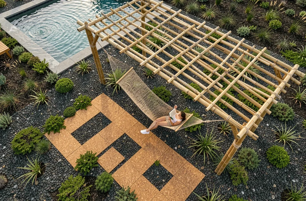 Vue aérienne d'un espace piscine aménagé avec pergola bambou, hamac et allée en liège naturel
