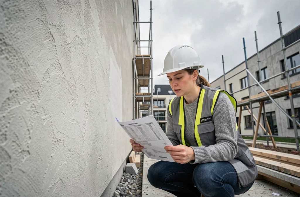 Architecte inspectant la qualité d'un enduit minéral sur façade extérieure d'un immeuble en chantier