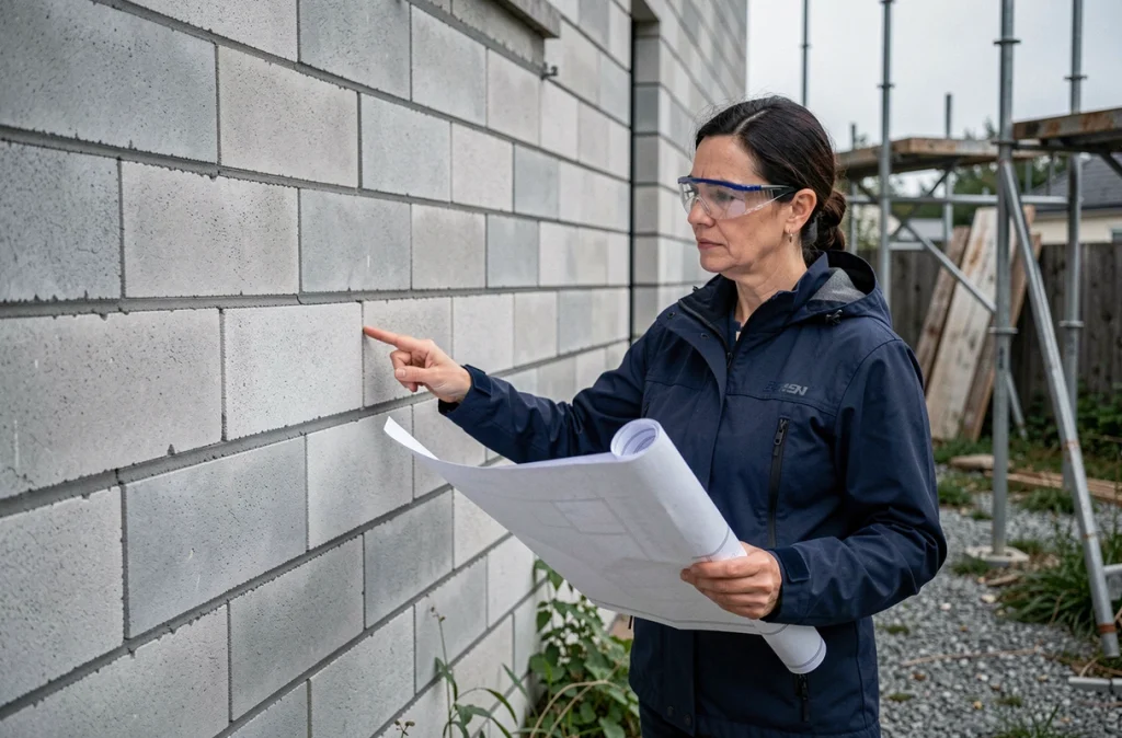 Architecte féminine analysant un mur extérieur en rénovation composé de parpaings de formats mélangés