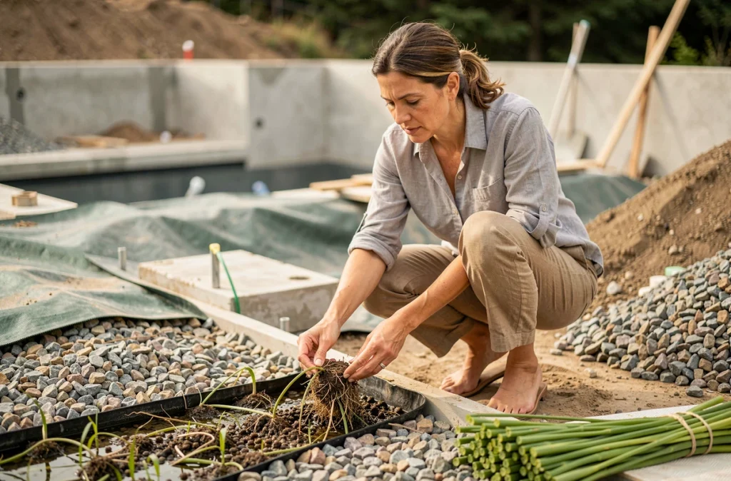 Architecte paysagiste inspectant un système de filtration biologique lors de la construction d'une piscine naturelle