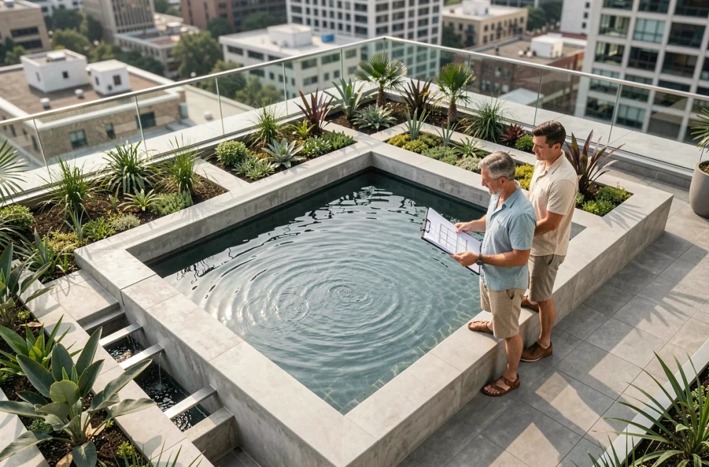 Vue en plongée d'un bassin de baignade écologique sur terrasse urbaine avec couple consultant les plans