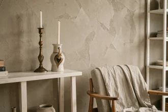 Coin salon contemporain avec bougeoir en laiton chiné et vase art déco intégrés dans une décoration minimaliste moderne