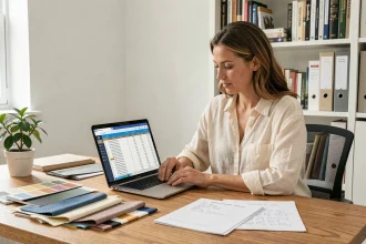 Femme planifiant un budget travaux et décoration intérieure sur un ordinateur portable avec des échantillons de matériaux sur un bureau en bois