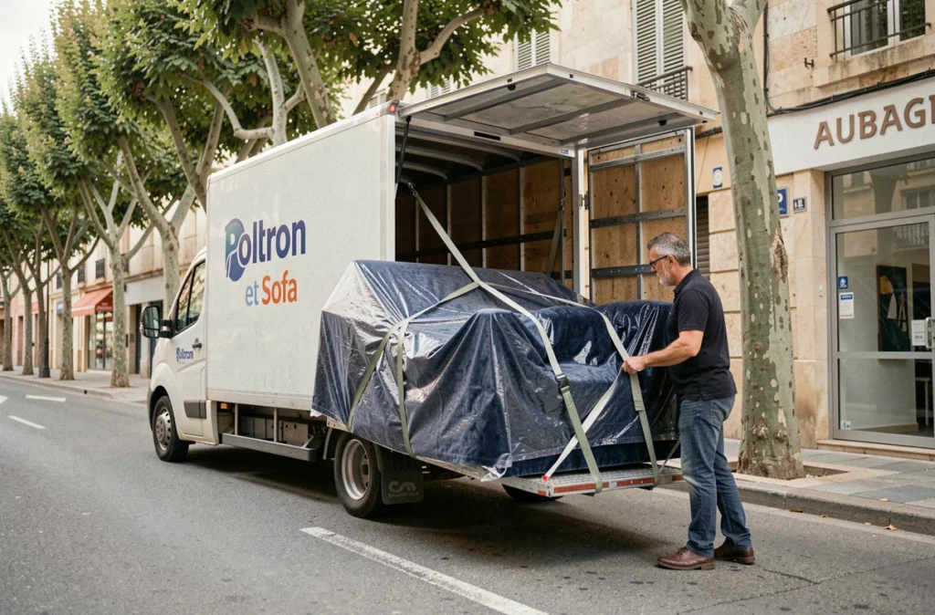 Camion de livraison Poltron et Sofa avec hayon élévateur déchargeant un canapé dans une rue d'Aubagne