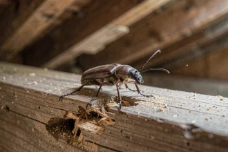 Capricorne des maisons sur une poutre en bois vermoulu avec trous de sortie et sciure dans une charpente ancienne