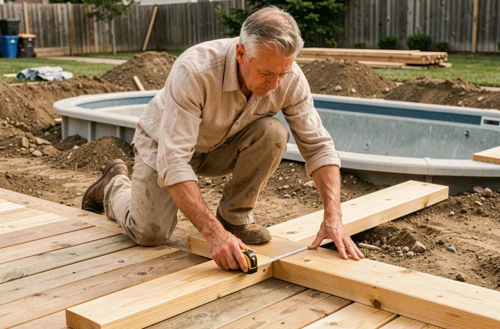 Charpentier mesurant une planche en mélèze local sur une terrasse de piscine en construction dans un jardin résidentiel