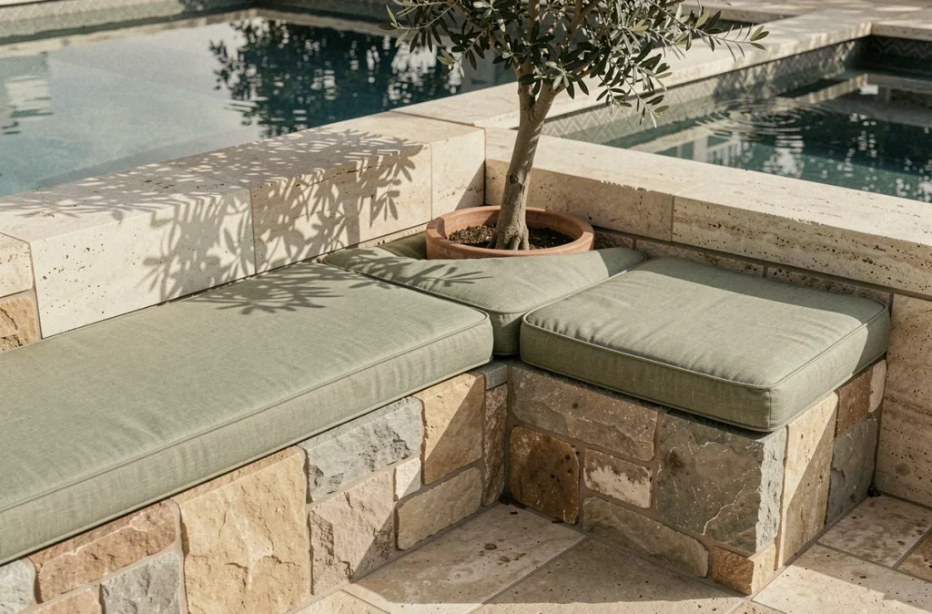 Banc en pierre recyclée avec coussins imperméables dans un espace détente piscine éco-responsable