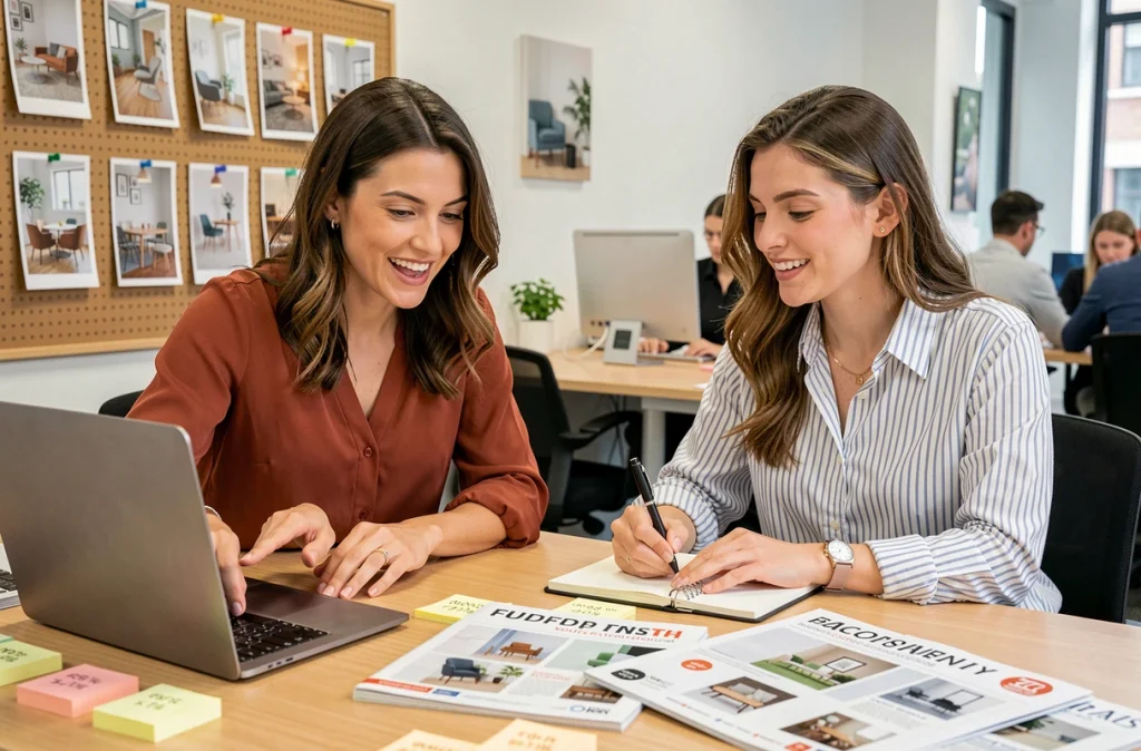 Deux femmes comparant des codes promo Sklum cumulables dans un espace de travail partagé