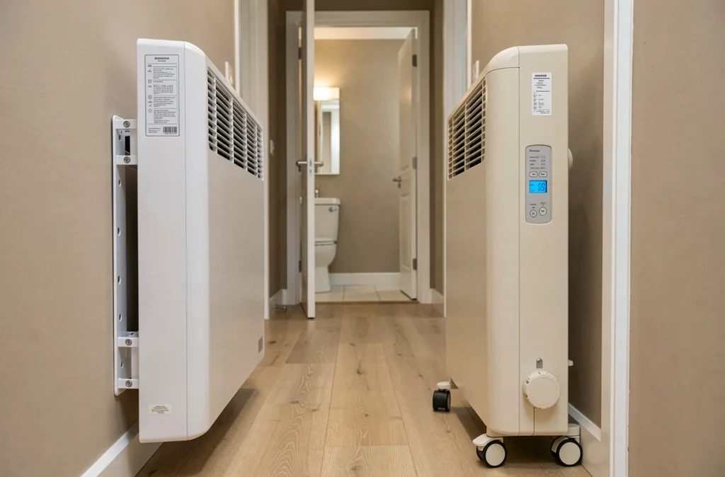 Comparaison côte à côte d'un radiateur à accumulation mural et d'un modèle sur pied dans un couloir résidentiel neutre