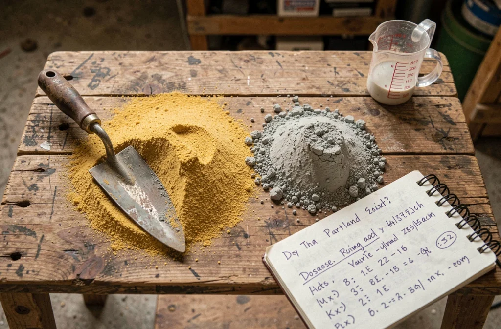 Comparaison de doses de sable et de ciment sur un établi avec trowel et carnet de dosage