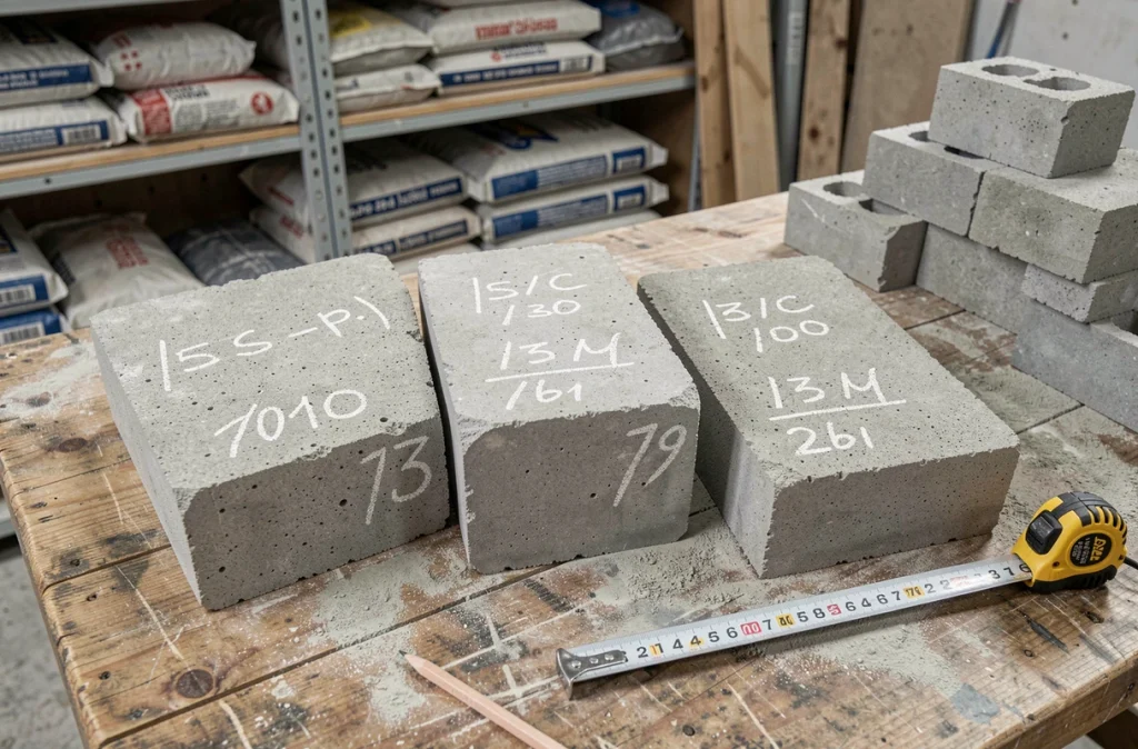 Comparaison de parpaings de tailles différentes posés sur un établi de chantier avec mesures à la craie