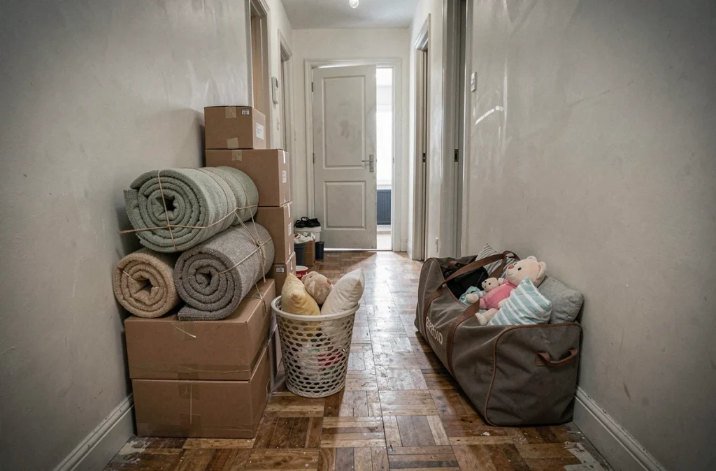Couloir de déménagement avec paniers, sacs de sport et objets emballés sans cartons