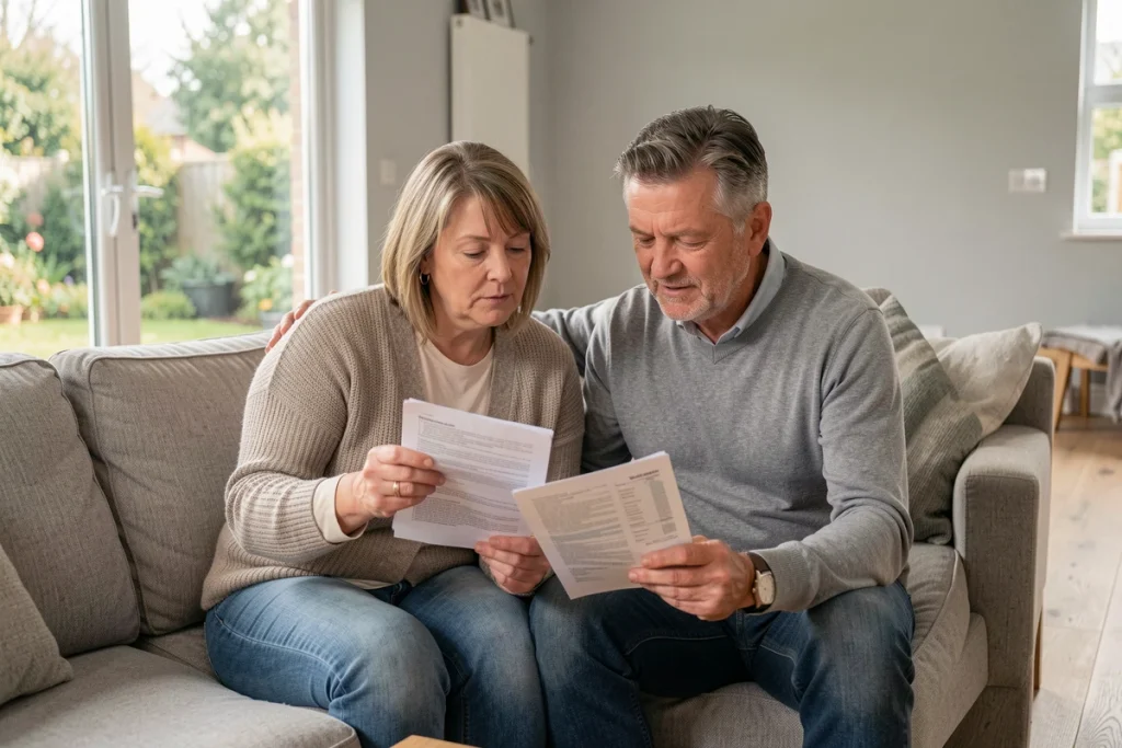 Couple examinant leur contrat d'assurance habitation après l'extension de leur maison