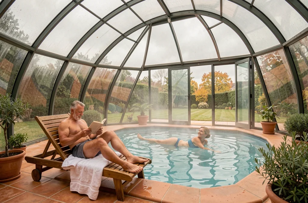 Couple se relaxant à l'intérieur d'un abri de piscine dôme vitré chauffé en arrière-saison