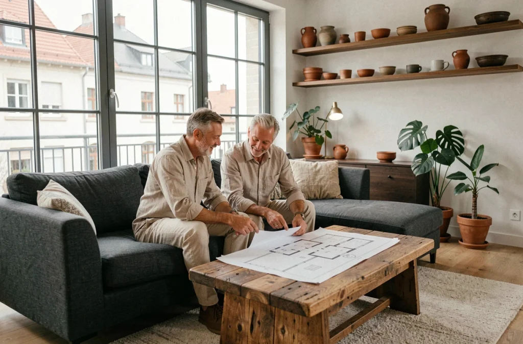 Couple examinant des plans d'aménagement intérieur dans un salon contemporain repensé à Strasbourg avec grandes fenêtres et décor artisanal alsacien