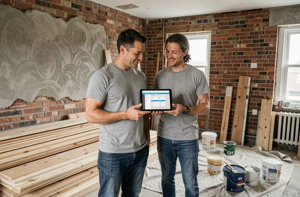 Couple consultant un outil de budget en ligne sur une tablette dans un salon en cours de rénovation avec matériaux de construction visibles