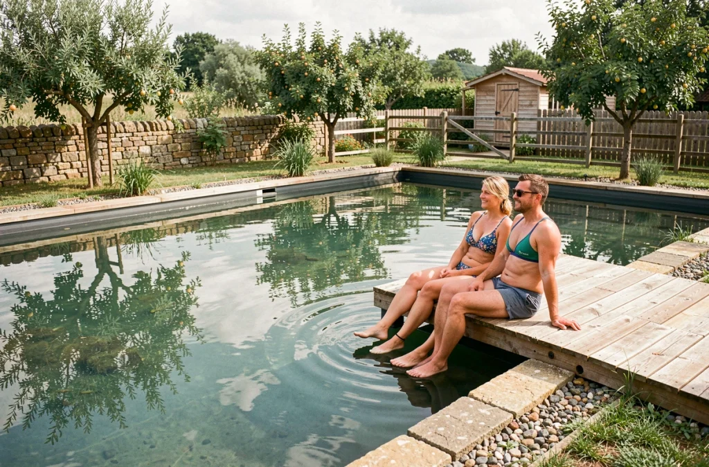 Couple se relaxant sur la terrasse en bois d'une piscine naturelle dans un jardin de campagne
