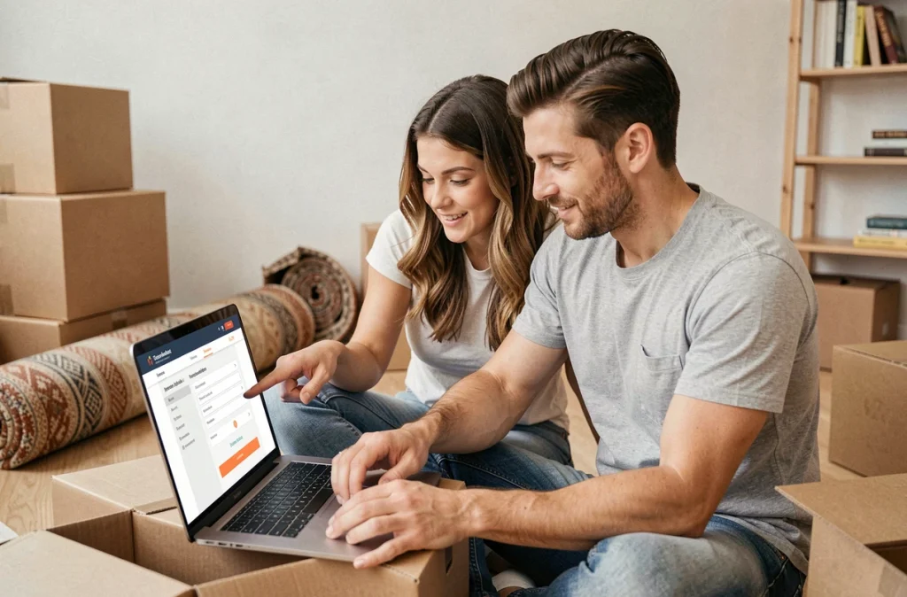 Couple gérant le transfert de leur abonnement internet sur ordinateur portable lors d'un déménagement