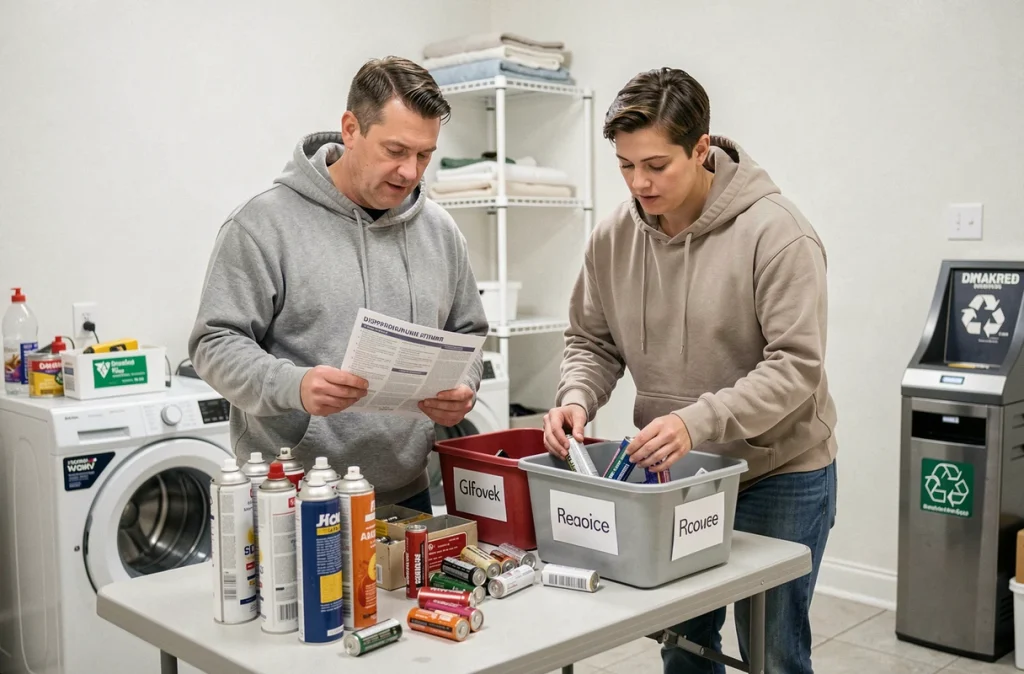 Couple triant des produits ménagers dangereux dans une buanderie avec des bacs de collecte sélective avant déménagement