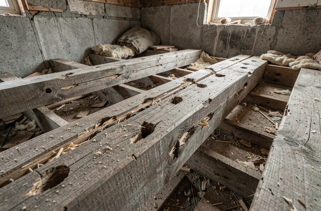 Charpente en bois fortement endommagée par les larves de capricorne avec trous de galeries et sciure lors d'une rénovation
