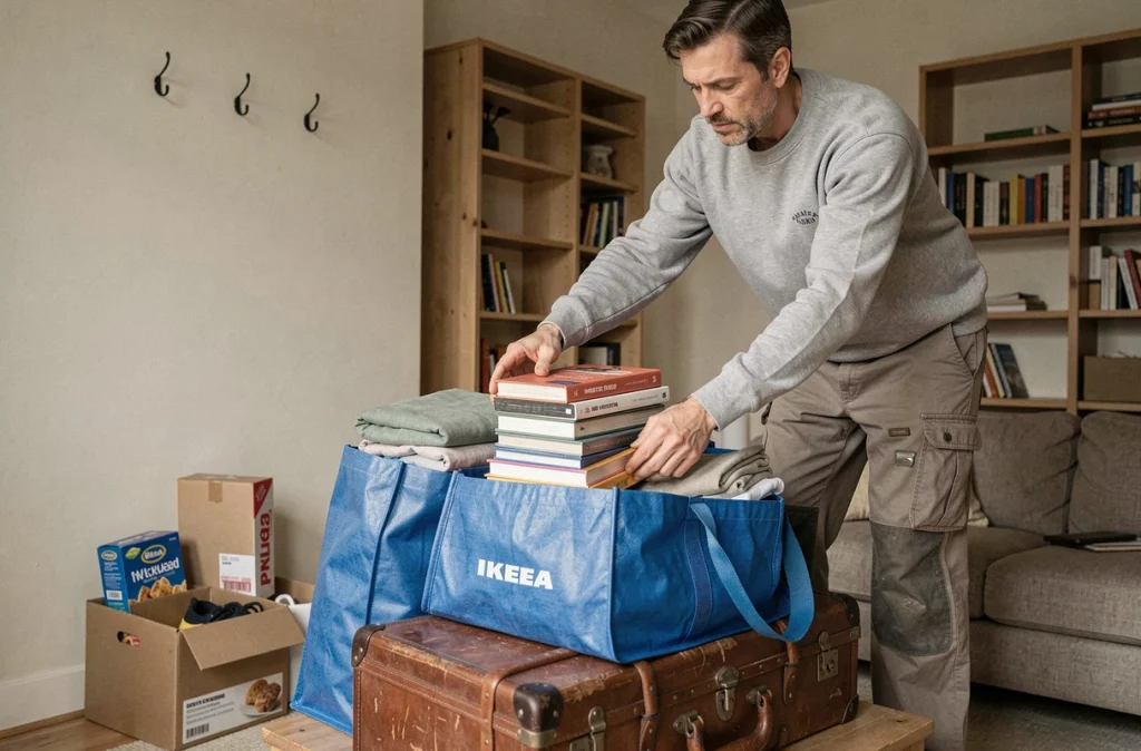 Homme remplissant des sacs réutilisables et une malle de voyage lors d'un déménagement écologique