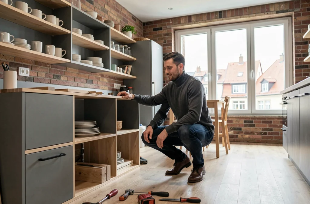 Designer d'intérieur assemblant un meuble modulaire dans une cuisine-salon moderne à Strasbourg avec vue sur les toits alsaciens