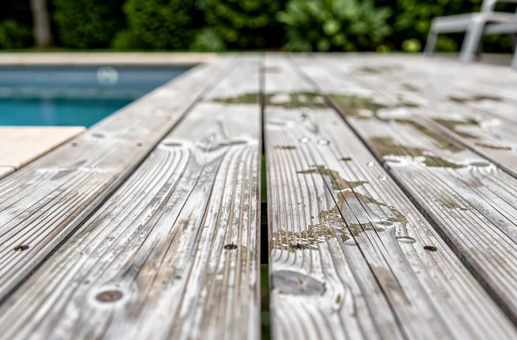 Détail de planches en bois de Douglas local pour terrasse de piscine, joints vifs et grain naturel avec légère patine grise