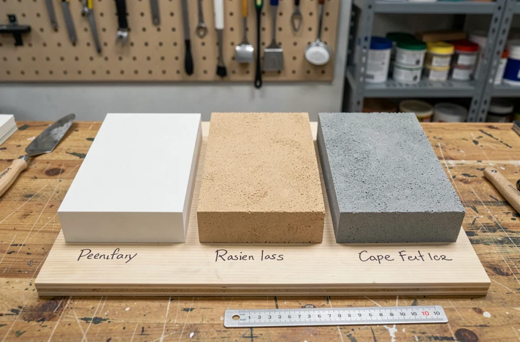 Échantillons comparatifs d'enduits muraux aux textures variées présentés sur un établi d'atelier professionnel