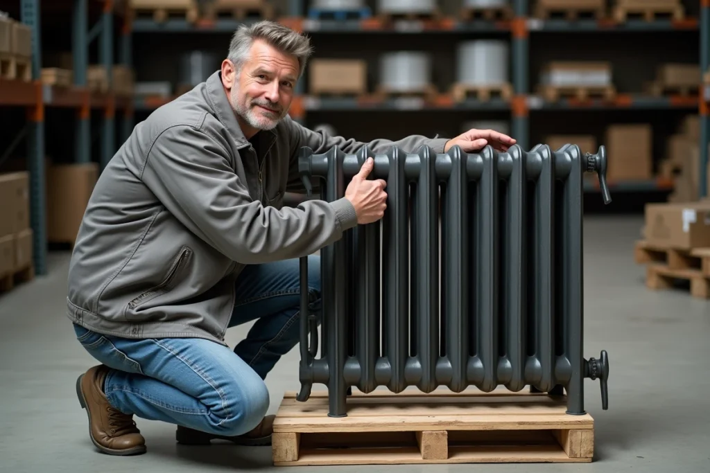 Homme évaluant un radiateur en fonte d'occasion posé sur une palette en bois dans un entrepôt de matériaux de récupération