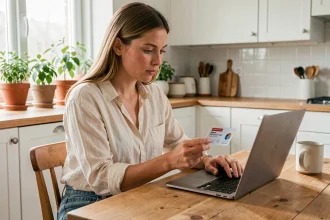 Femme consultant un code promo Sklum sur son ordinateur portable dans une cuisine moderne
