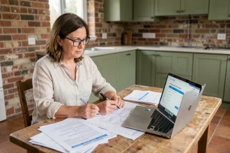 Femme révisant son contrat d'assurance habitation Macif après des travaux de rénovation dans sa cuisine