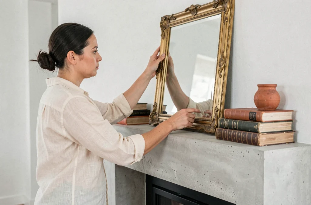 Femme intégrant un miroir doré chiné au-dessus d'une cheminée en béton dans un appartement contemporain
