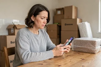 Femme consultant son téléphone pour transférer sa ligne internet lors d'un déménagement