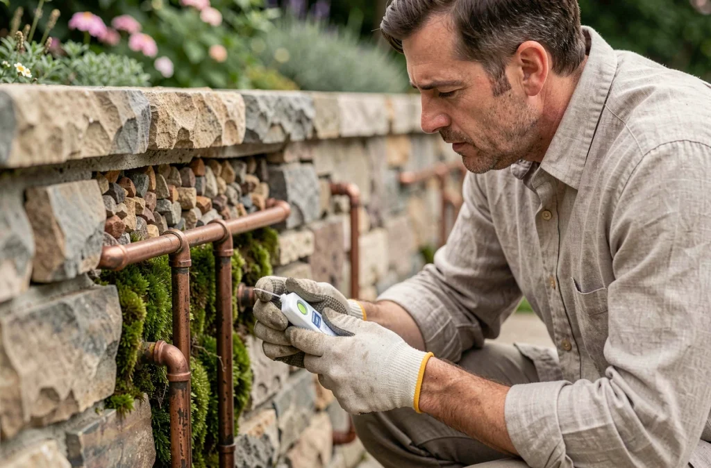 Homme inspectant le système de filtration naturelle d'un bassin de baignade écologique à faible consommation