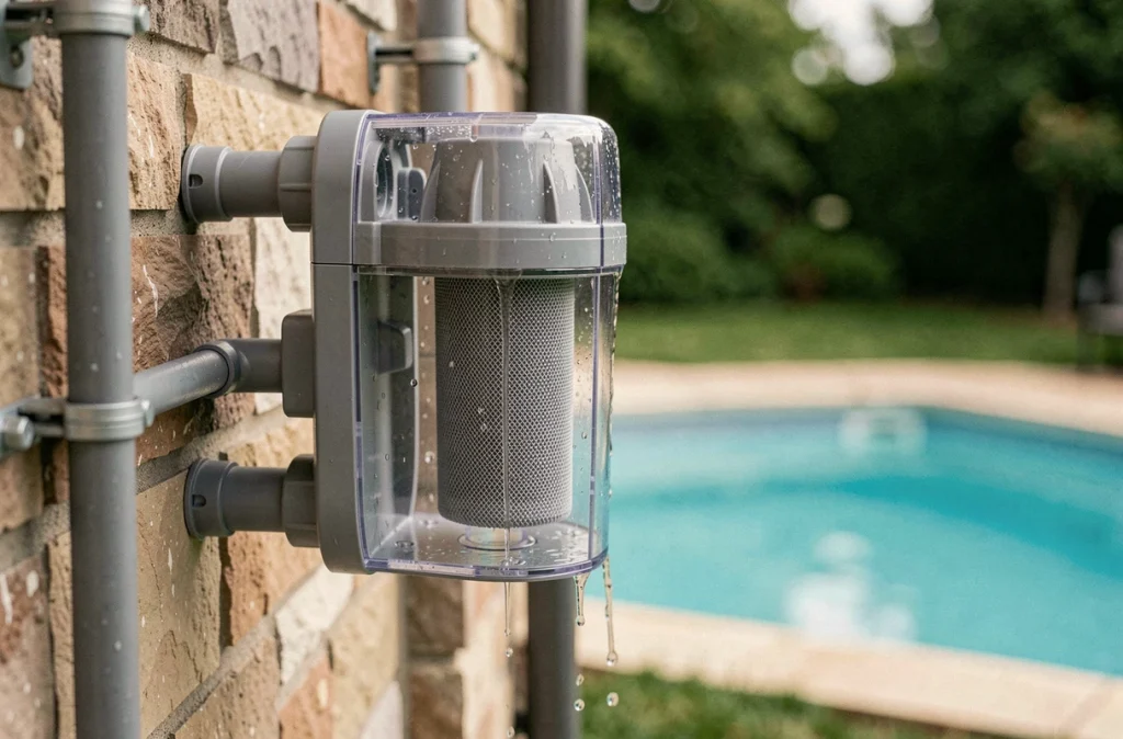 Gros plan sur un filtre de traitement d'eau de pluie avant remplissage d'une piscine