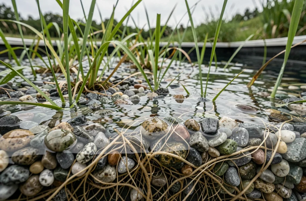Gros plan sur un lit de gravier de filtration biologique avec plantes aquatiques pour piscine naturelle écologique