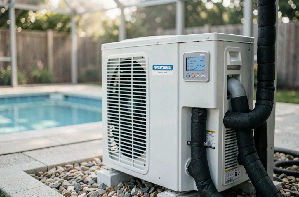 Gros plan d'une pompe à chaleur de piscine résidentielle avec affichage de consommation énergétique dans un jardin