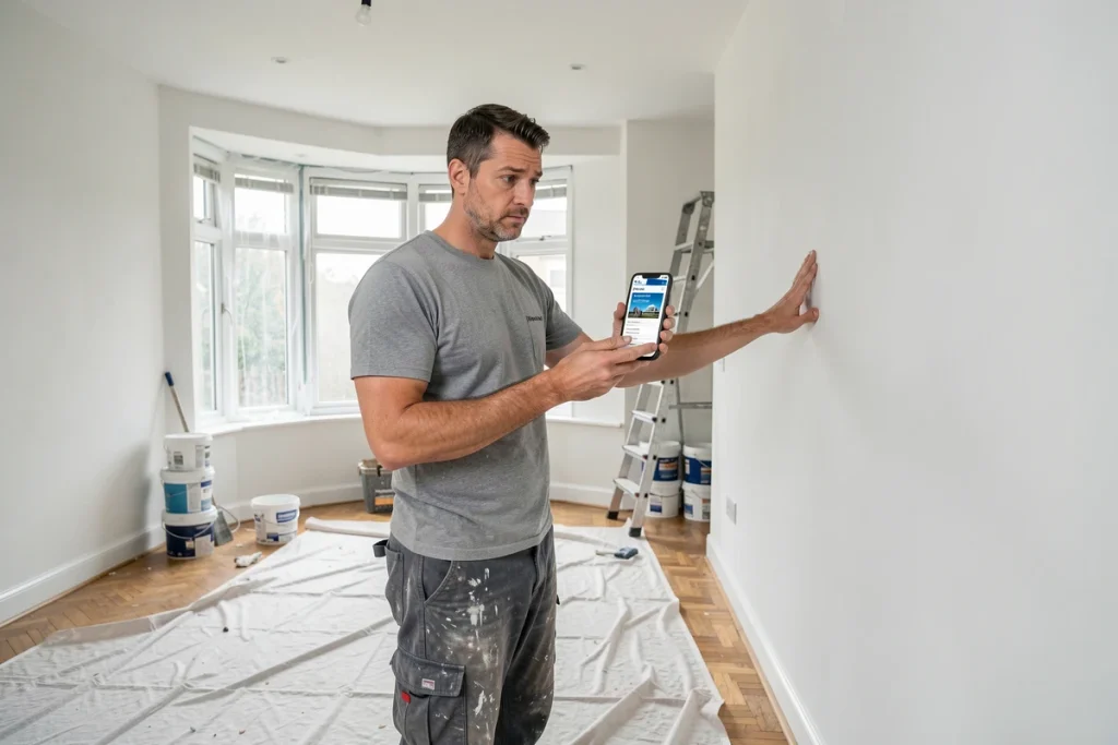Homme consultant son assurance habitation sur smartphone dans un salon en cours de rénovation