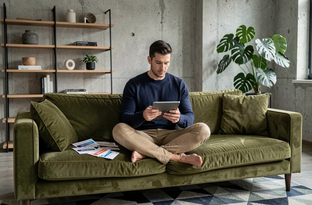 Homme analysant des codes promo cumulables pour l'achat de meubles design sur tablette