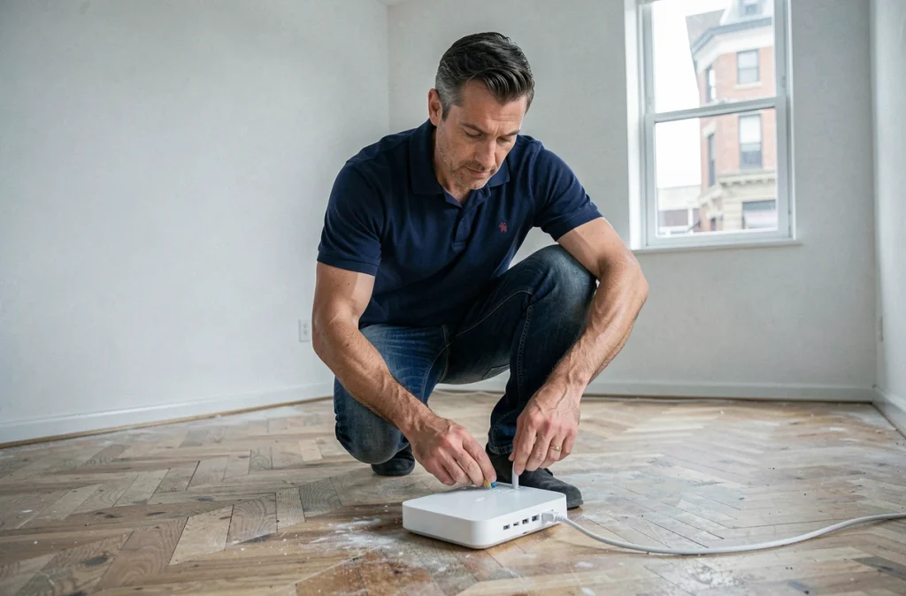 Homme connectant un routeur internet dans un appartement vide après déménagement