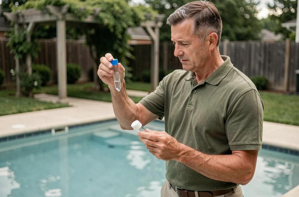 Homme testant la qualité de l'eau d'une piscine avec un kit de mesure pH naturel et écologique