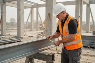 Ingénieur en structure inspectant une poutre en fer sur un chantier de construction avec équipements de sécurité