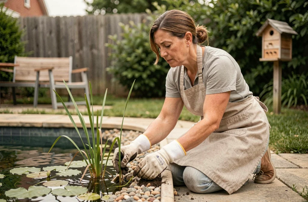 Femme jardinière plantant des végétaux aquatiques natifs en bordure de piscine pour favoriser la biodiversité locale