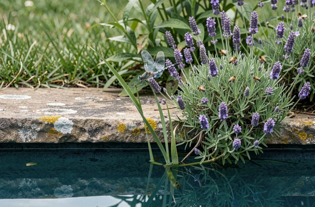 Libellule posée sur un roseau en bordure de piscine écologique entourée de lavande et de plantes mellifères favorisant les insectes pollinisateurs
