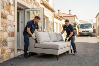 Deux livreurs en uniforme transportant un canapé gris dans une maison à Aubagne lors d'une livraison Poltron et Sofa